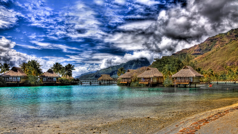 Overwater Bungalows — Blue, Dramatic, Afternoon, Photograph, Palm Trees, Mountain