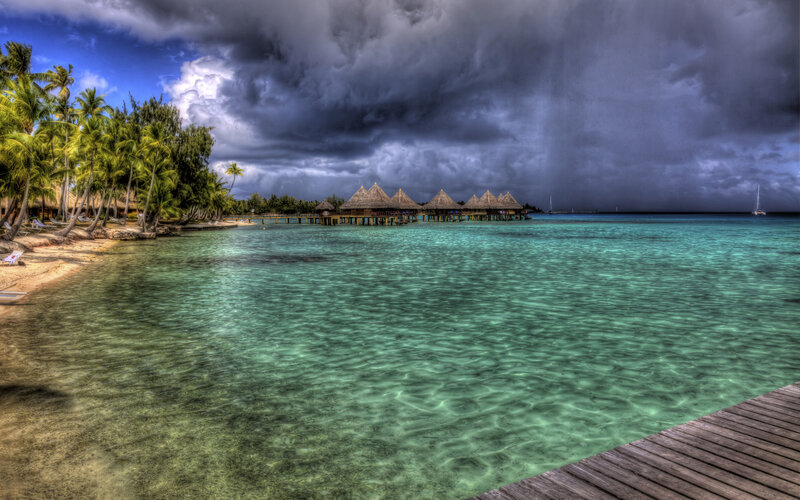 Overwater Bungalows — Blue, Dramatic, Afternoon, Photograph, Palm Trees