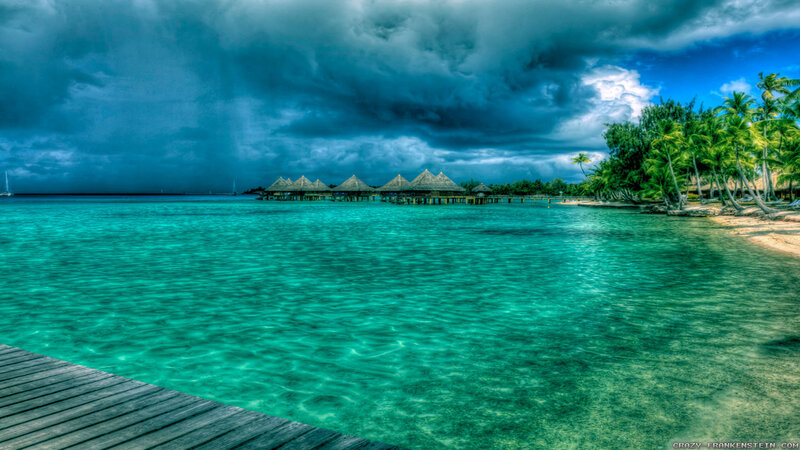 Overwater Bungalows — Blue, Dramatic, Photograph, Palm Trees