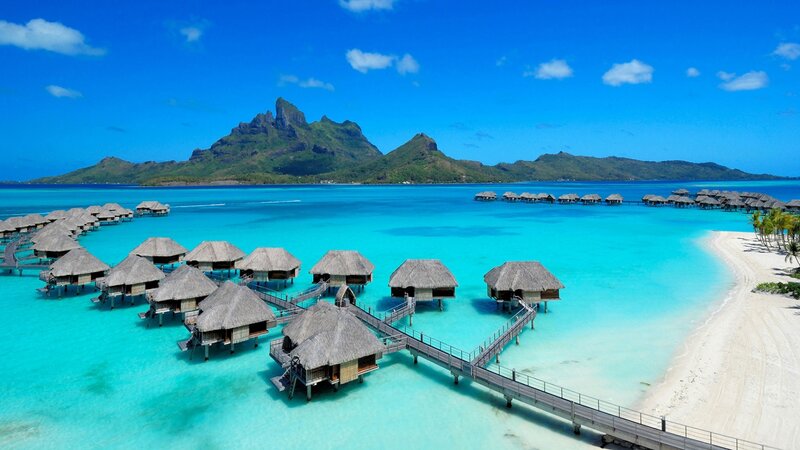 Overwater Bungalows — Blue, Serene, Afternoon, Photograph, Beach, Mountain, Ocean