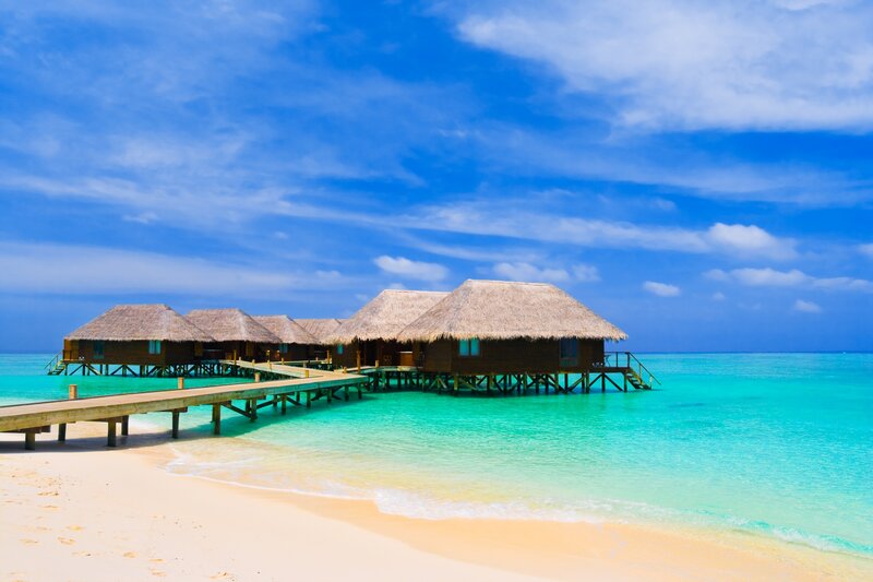 Overwater Bungalows — Blue, Serene, Afternoon, Photograph, Beach, Pier, Ocean