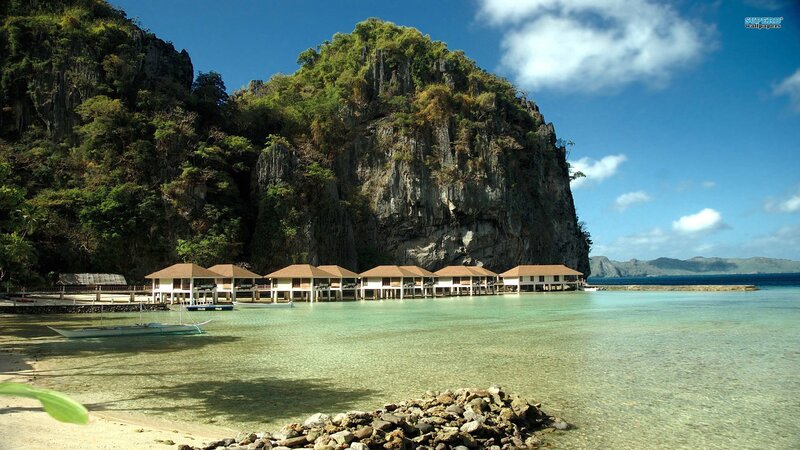 Overwater Bungalows — Blue, Serene, Afternoon, Photograph, Cliffs, Boat