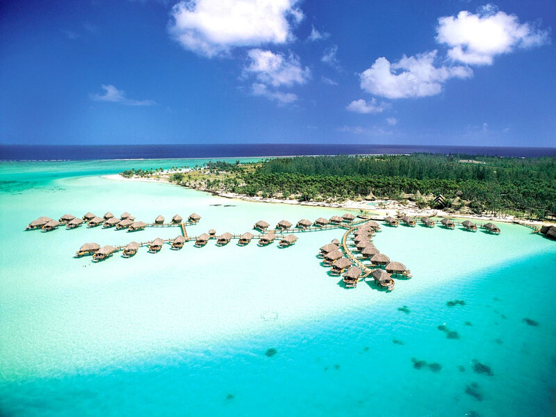 Overwater Bungalows — Blue, Serene, Afternoon, Photograph, Island, Ocean, Trees
