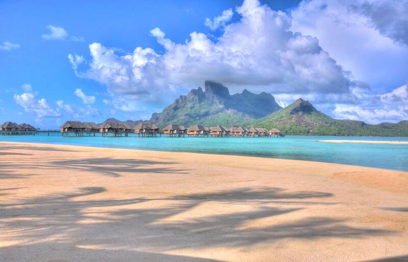 Overwater Bungalows — Blue, Serene, Afternoon, Photograph, Mountain, Beach