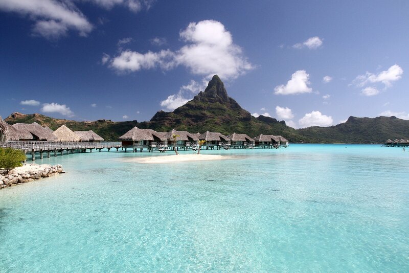 Overwater Bungalows — Blue, Serene, Afternoon, Photograph, Mountain, Palm Tree