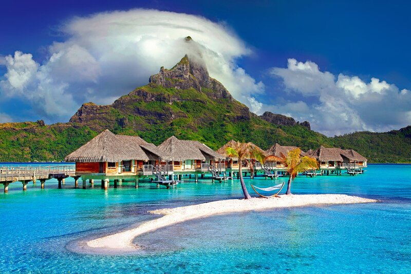 Overwater Bungalows — Blue, Serene, Afternoon, Photograph, Mountain, Palm Trees, Hammock