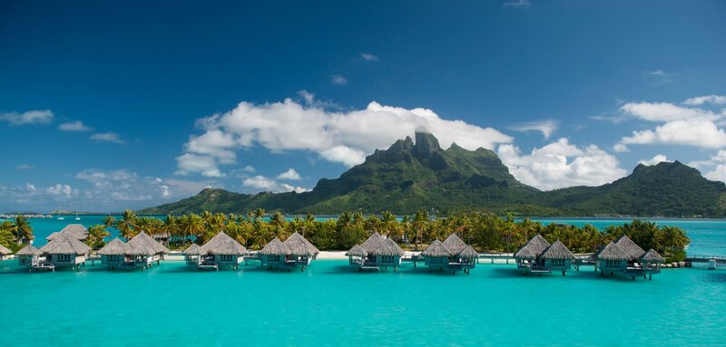 Overwater Bungalows — Blue, Serene, Afternoon, Photograph, Mountain, Palm Trees