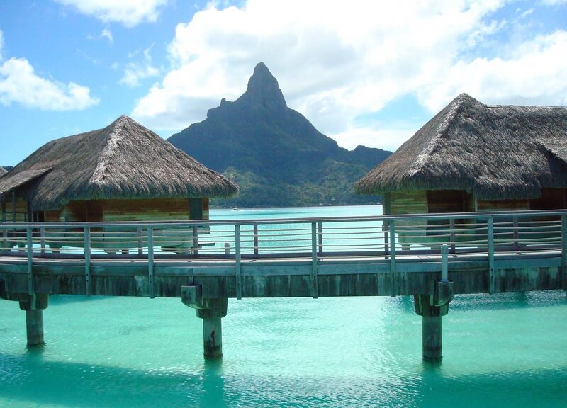 Overwater Bungalows — Blue, Serene, Afternoon, Photograph, Mountain, Pier