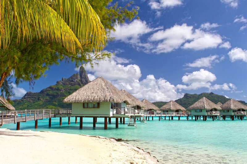 Overwater Bungalows — Blue, Serene, Afternoon, Photograph, Palm Tree, Mountain