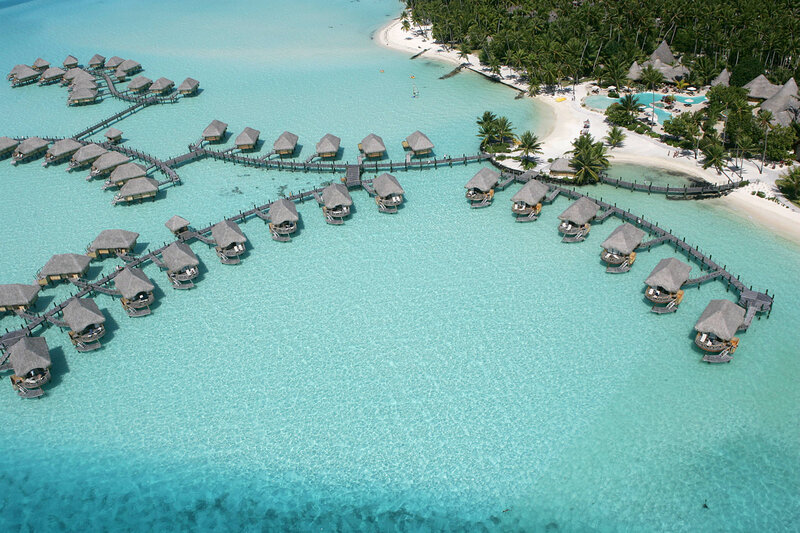 Overwater Bungalows — Blue, Serene, Afternoon, Photograph, Palm Trees, Beach, Pool