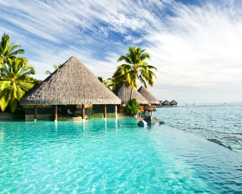Overwater Bungalows — Blue, Serene, Afternoon, Photograph, Palm Trees, Infinity Pool, Ocean