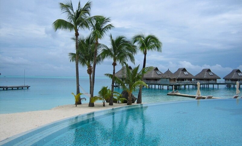 Overwater Bungalows — Blue, Serene, Afternoon, Photograph, Palm Trees, Infinity Pool