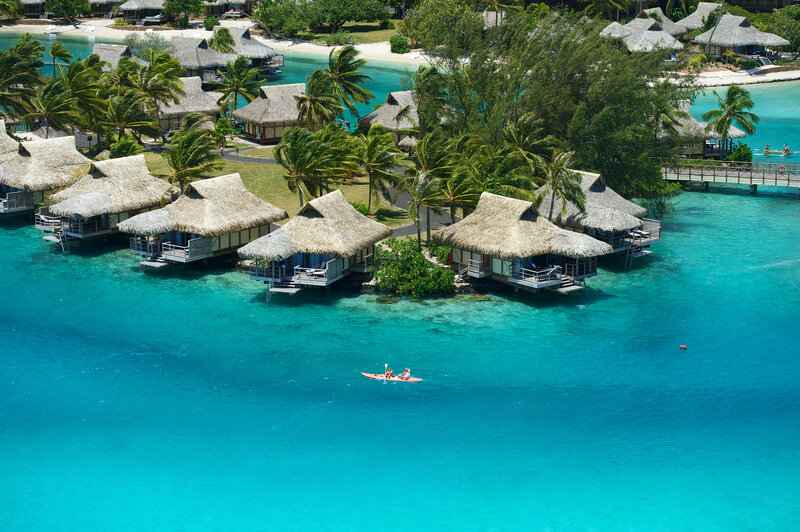Overwater Bungalows — Blue, Serene, Afternoon, Photograph, Palm Trees, Kayak