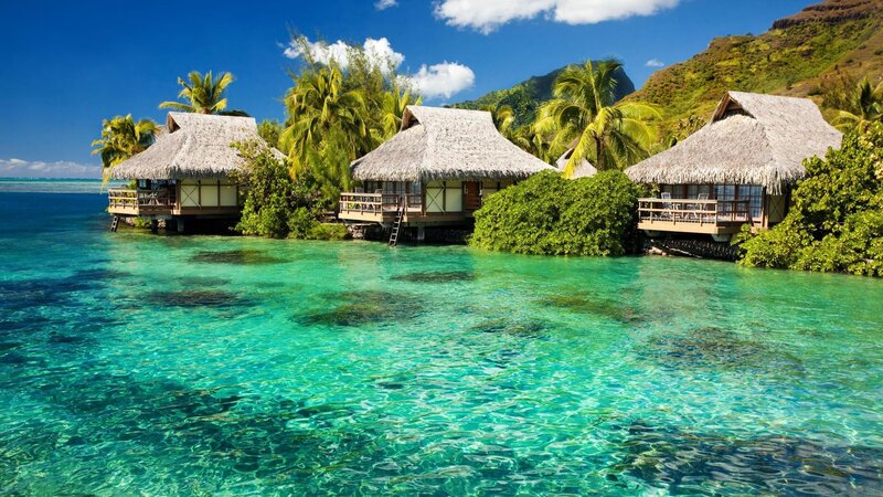 Overwater Bungalows — Blue, Serene, Afternoon, Photograph, Palm Trees, Mountain