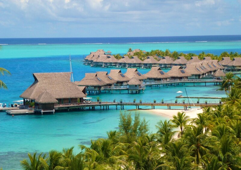Overwater Bungalows — Blue, Serene, Afternoon, Photograph, Palm Trees, Ocean, Walkway, Sailboat