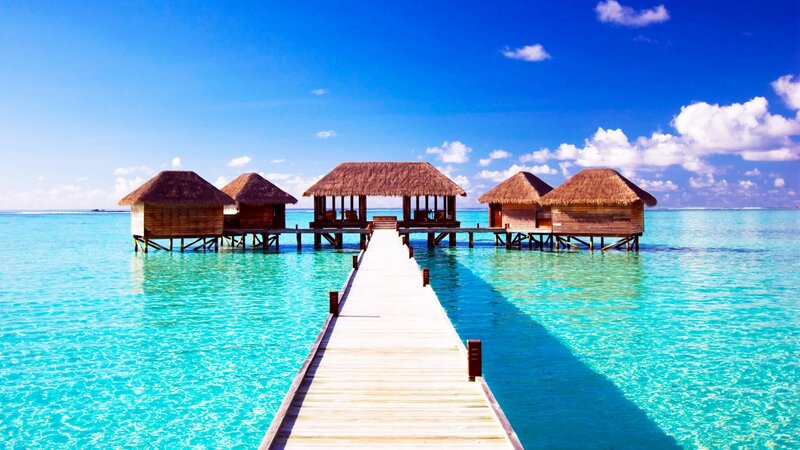 Overwater Bungalows — Blue, Serene, Afternoon, Photograph, Pier, Ocean