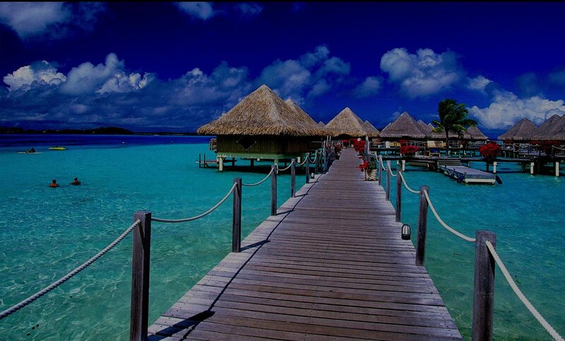 Overwater Bungalows — Blue, Serene, Afternoon, Photograph, Pier, Thatched Roofs, Ocean