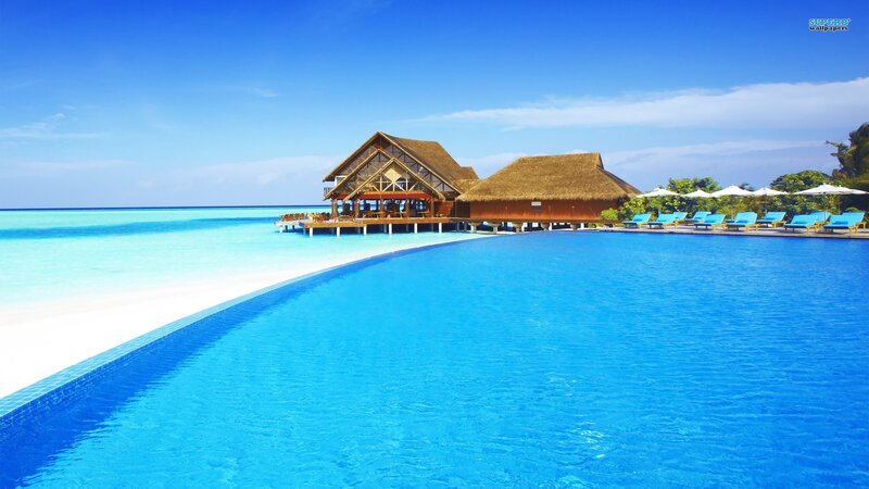 Overwater Bungalows — Blue, Serene, Afternoon, Photograph, Pool, Beach, Umbrellas, Huts