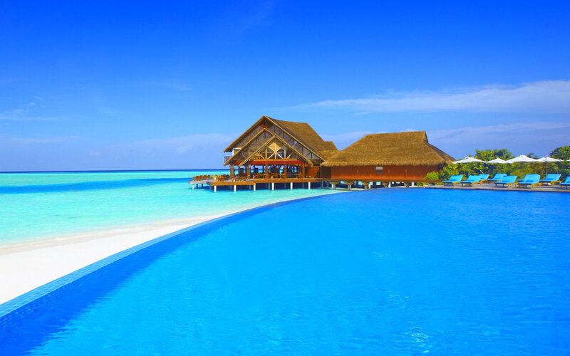 Overwater Bungalows — Blue, Serene, Afternoon, Photograph, Pool, Beach, Umbrellas