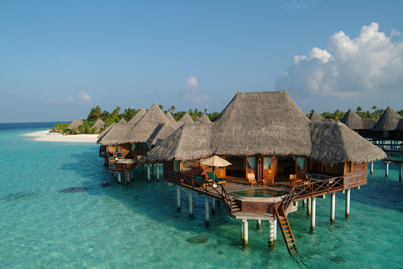 Overwater Bungalows — Blue, Serene, Afternoon, Photograph, Thatched Roofs, Ocean