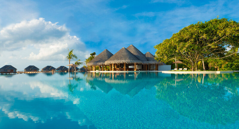 Overwater Bungalows — Blue, Serene, Afternoon, Photograph, Thatched Roofs, Palm Tree