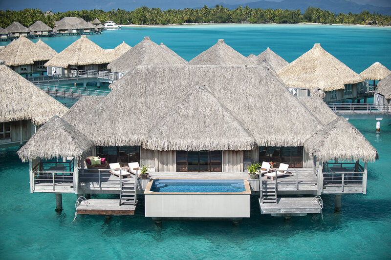 Overwater Bungalows — Blue, Serene, Afternoon, Photograph, Thatched Roofs, Pool