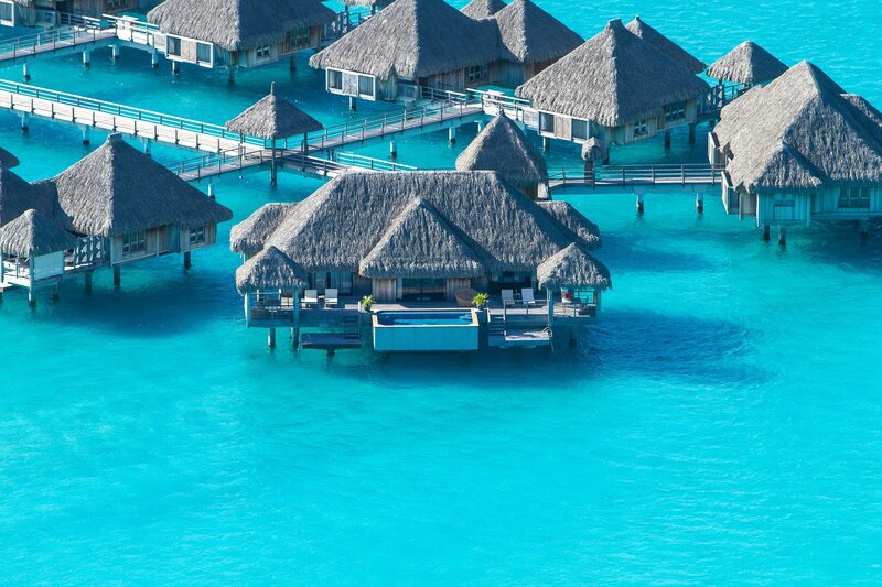 Overwater Bungalows — Blue, Serene, Afternoon, Photograph, Thatched Roofs, Pools