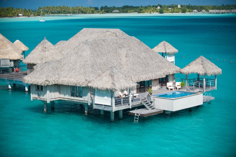 Overwater Bungalows — Blue, Serene, Afternoon, Photograph, Thatched Roofs, Private Pool
