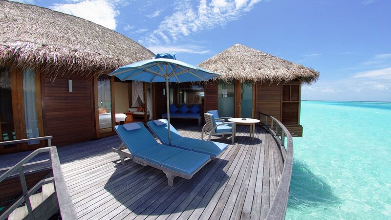 Overwater Bungalows — Blue, Serene, Afternoon, Photograph, Umbrella