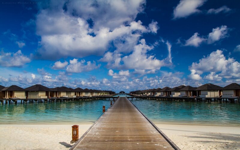 Overwater Bungalows — Blue, Serene, Afternoon, Photograph, Wooden Pier, Ocean