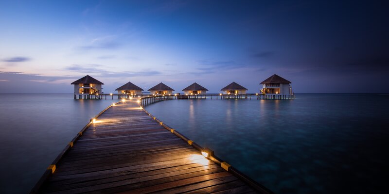Overwater Bungalows — Blue, Serene, Night, Photograph, Pier, Ocean, Sky