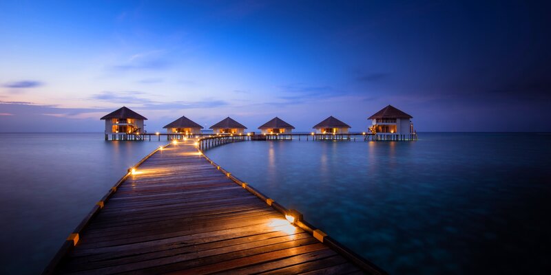 Overwater Bungalows — Blue, Serene, Night, Photograph, Pier, Ocean