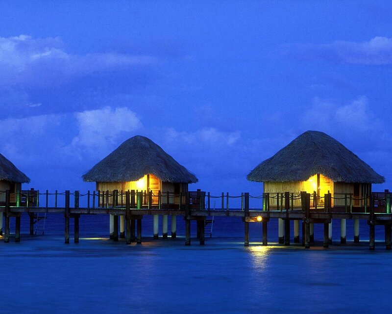 Overwater Bungalows — Blue, Serene, Night, Photograph, Thatched Roofs, Pier