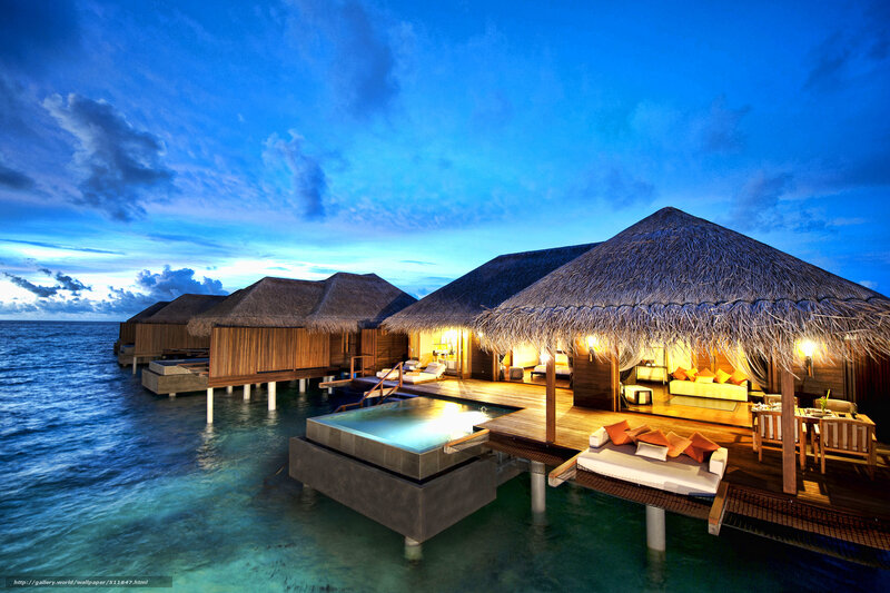 Overwater Bungalows — Blue, Serene, Night, Photograph, Thatched Roofs, Pool, Ocean, Deck