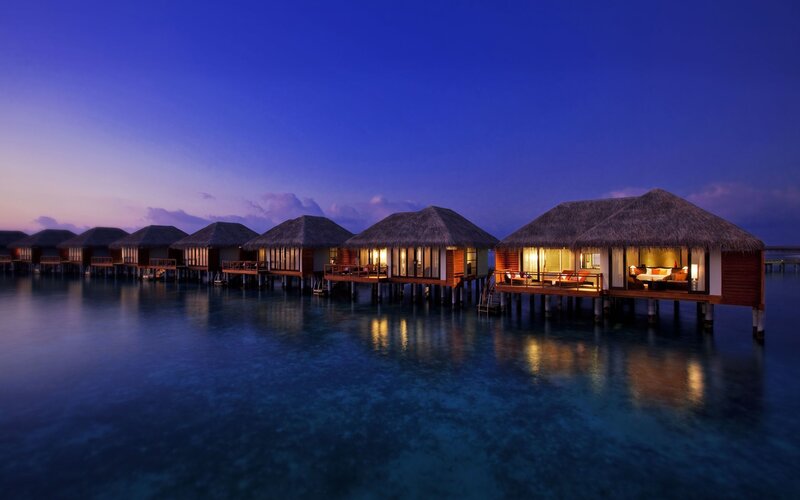 Overwater Bungalows — Blue, Serene, Night, Photograph