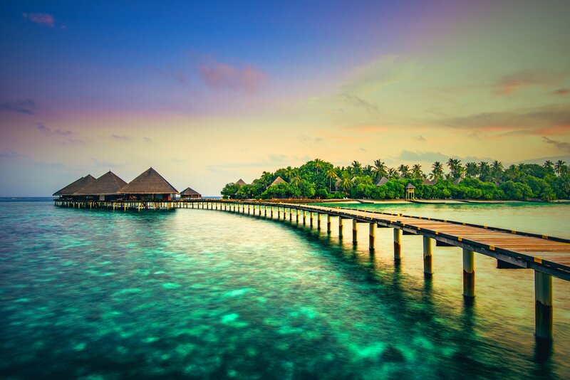 Overwater Bungalows — Blue, Serene, Sunset, Photograph, Pier, Island