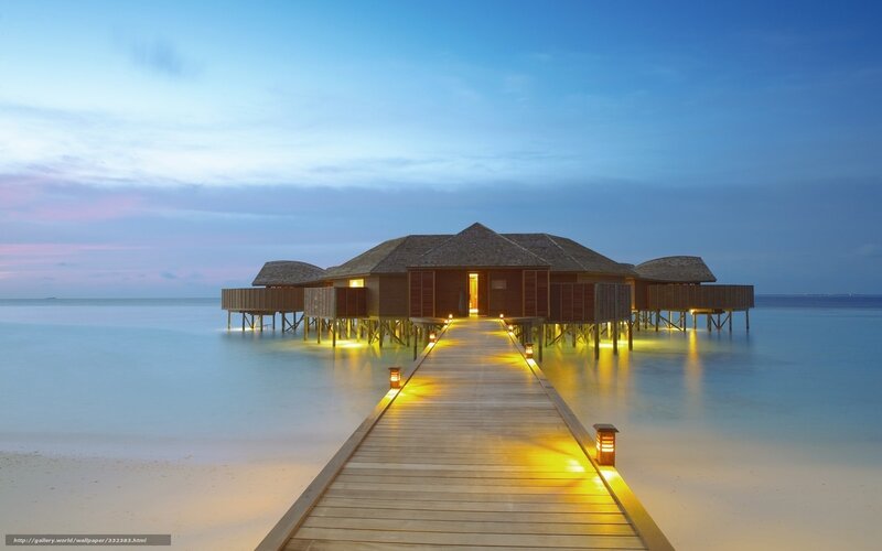 Overwater Bungalows — Blue, Serene, Sunset, Photograph, Pier, Ocean, Sky, Lights