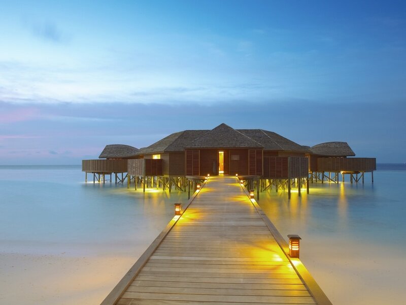 Overwater Bungalows — Blue, Serene, Sunset, Photograph