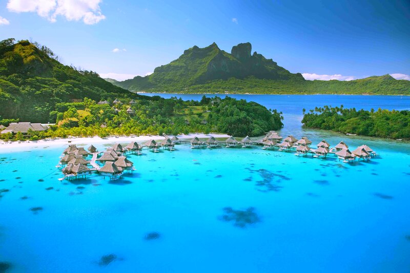 Overwater Bungalows in Lagoon — Blue, Serene, Afternoon, Photograph, Mountain, Beach
