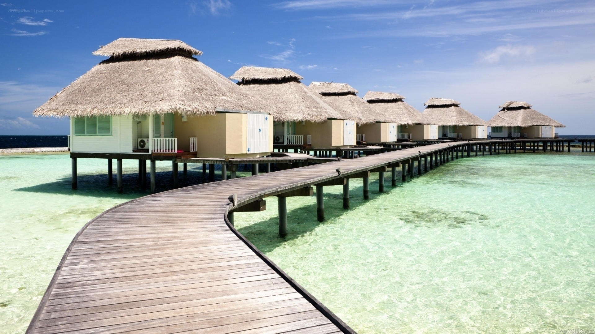 Overwater bungalows in tropical resort