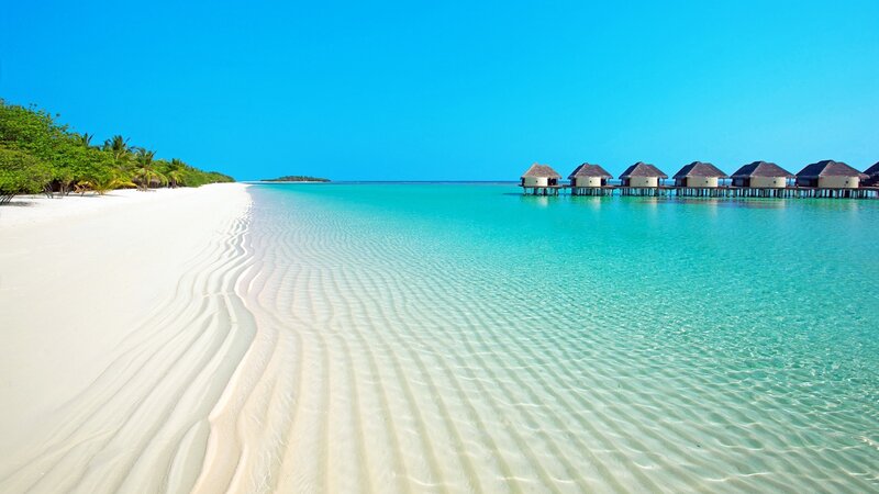 Overwater Bungalows on Beach — Blue, Serene, Afternoon, Photograph, Ocean
