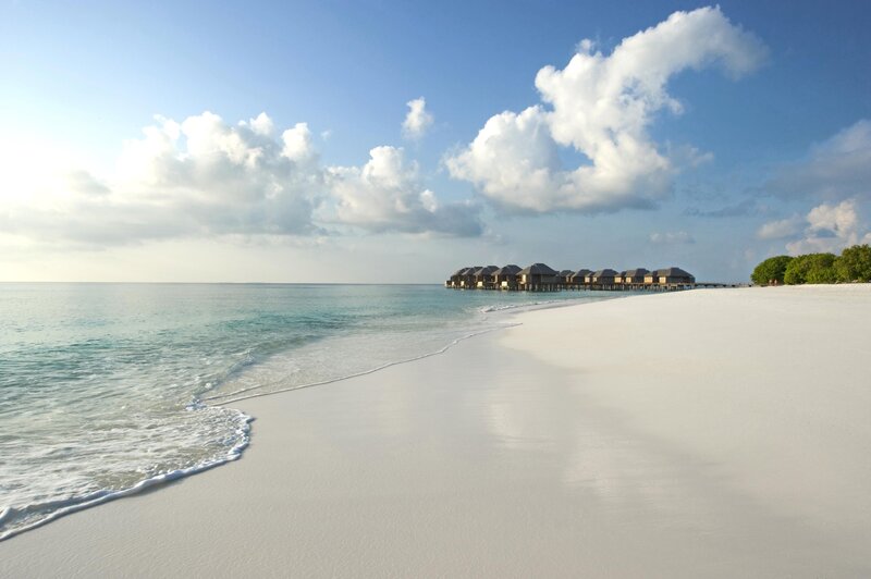 Overwater Bungalows on Beach — Blue, Serene, Morning, Photograph, Ocean