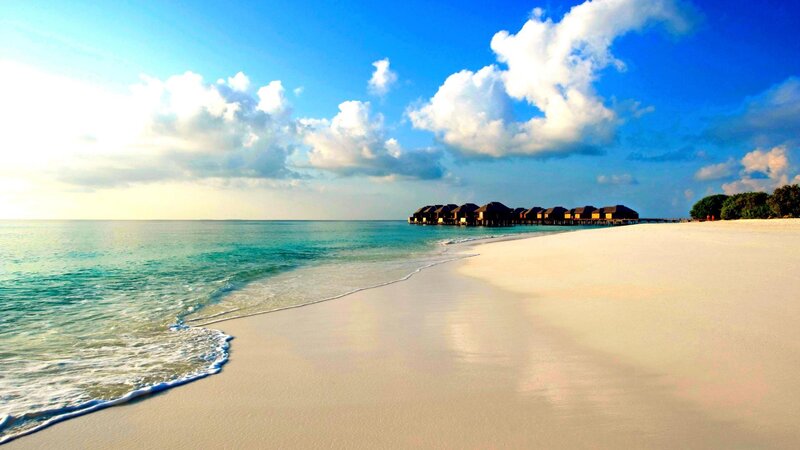 Overwater Bungalows on Beach — Blue, Serene, Morning, Photograph