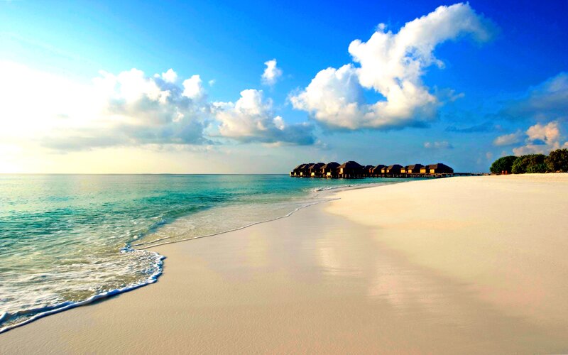 Overwater Bungalows on Beach — Blue, Serene, Morning