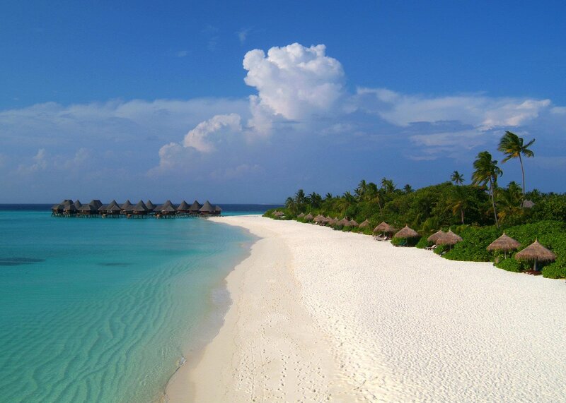 Overwater Bungalows on Beach — Blue, Serene