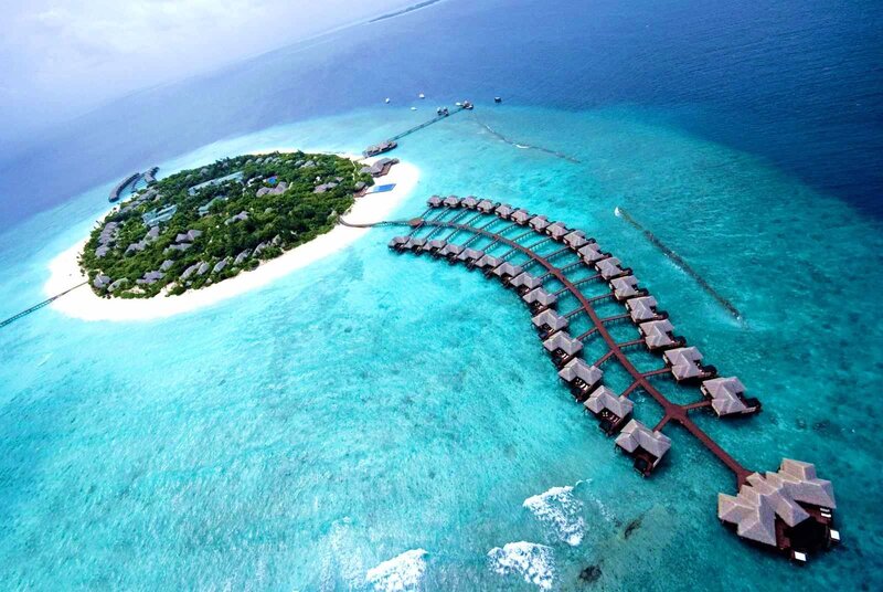 Overwater Bungalows on Island — Blue