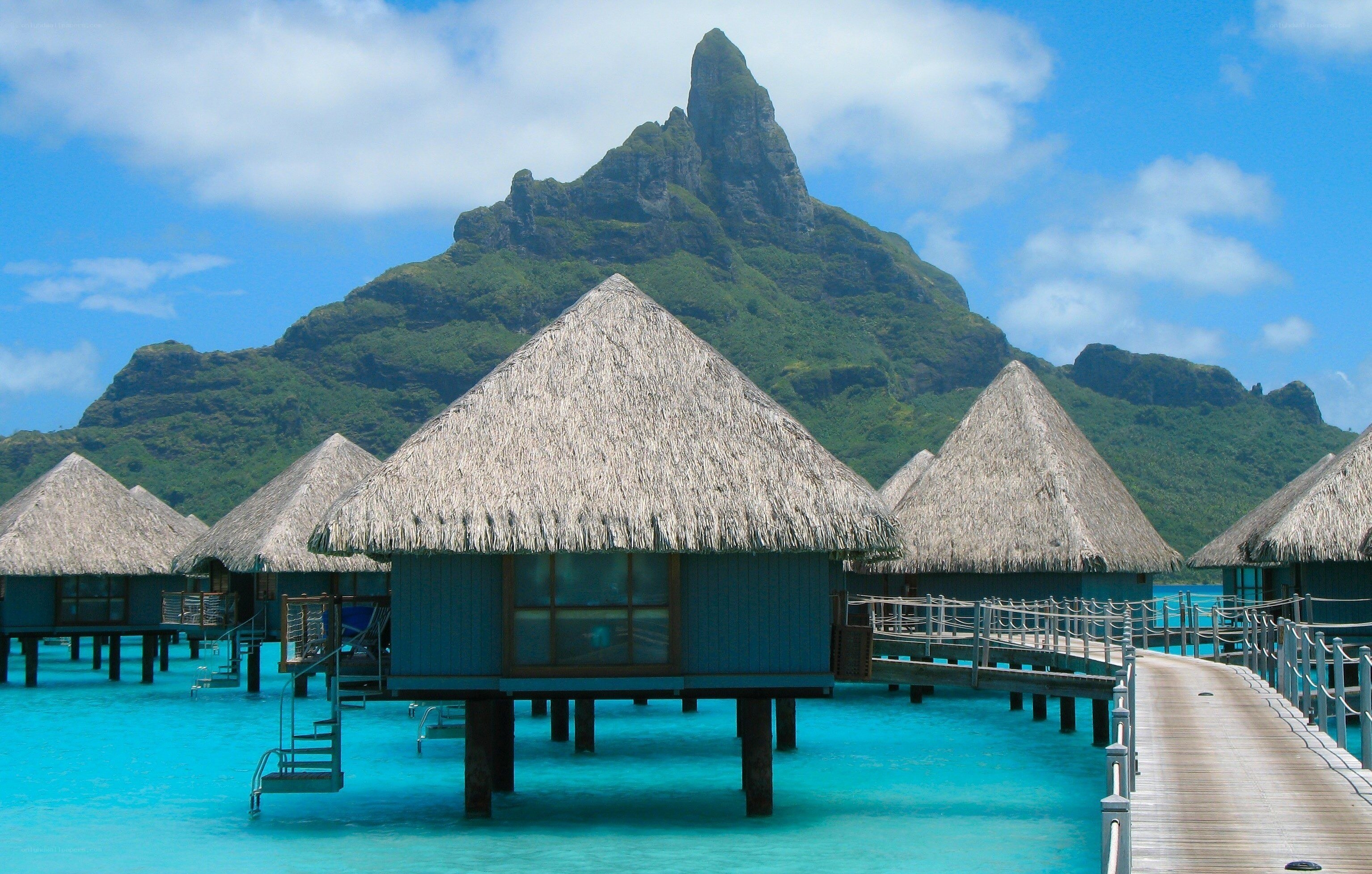 Overwater bungalows with mountain view