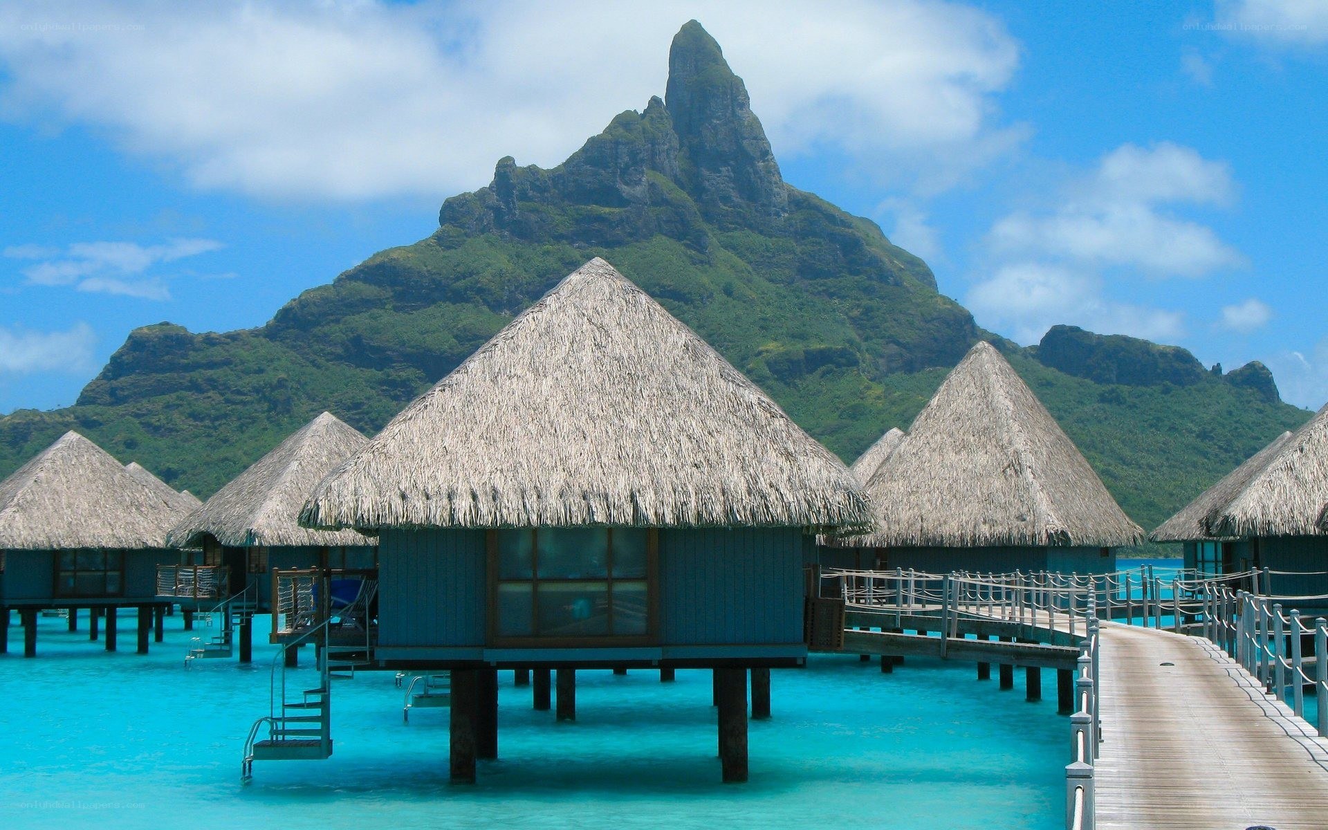 Overwater bungalows with mountain view