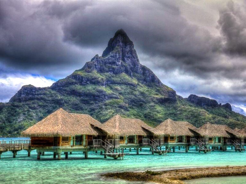Overwater bungalows with mountain view