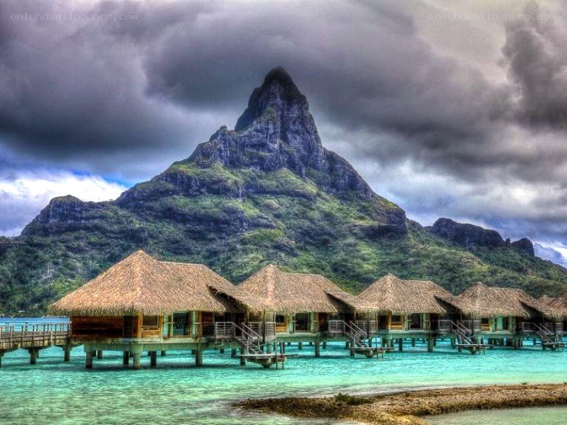 Overwater bungalows with mountain view
